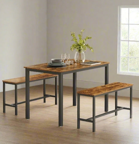3-piece rustic brown dining table set with black steel frame, includes 2 benches tucked under table