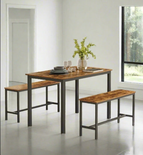 3-Piece Dining Table Set with 2 Benches – Industrial Style Space-Saving Design for 4 People