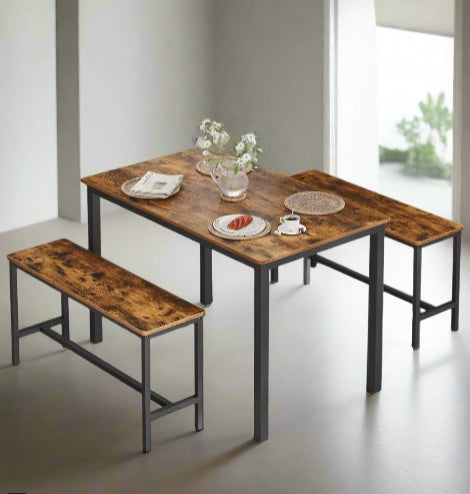 3-Piece Dining Table Set with 2 Benches – Industrial Style Space-Saving Design for 4 People