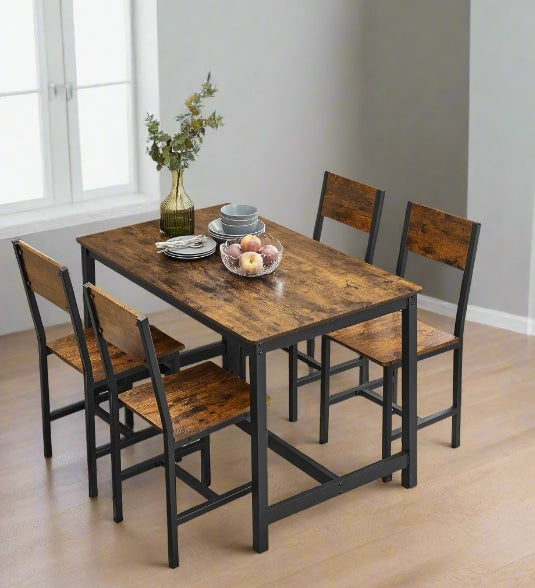 Set of 4 Industrial Dining Chairs with Steel Frame and Rustic Brown Particleboard Seats