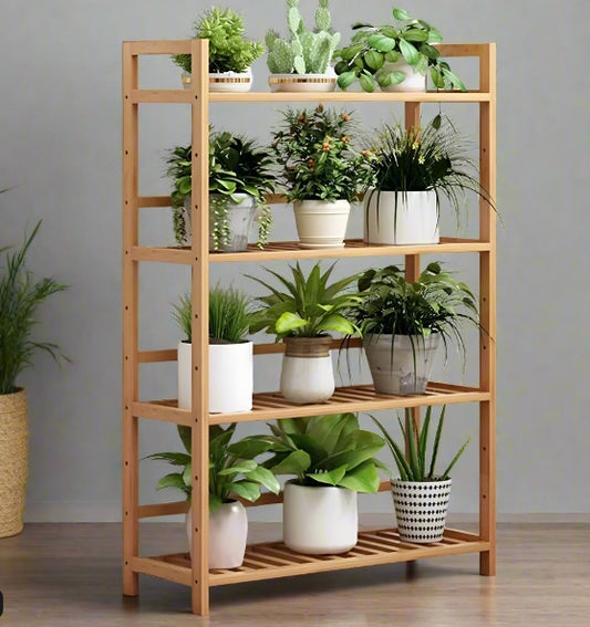 4 Tier Bamboo Plant Stand Ladder with Adjustable Shelves, Corner Storage Shelf, 67x25x99 cm