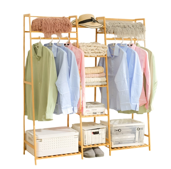 Heavy Duty Bamboo Clothes Rail Rack with Corner Storage Shelves – Natural