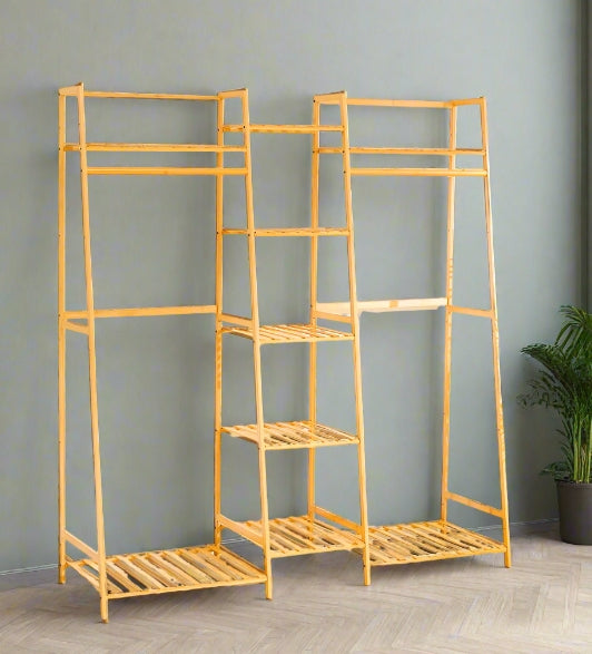 Heavy Duty Bamboo Clothes Rail Rack with Corner Storage Shelves – Natural