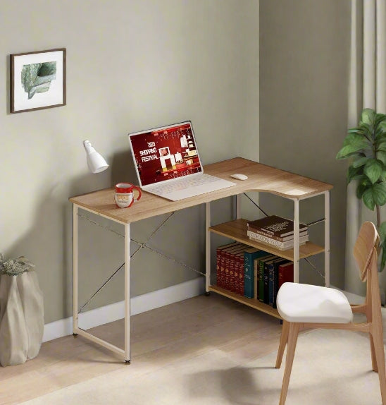 L-Shaped Computer Desk – Light Oak & White Home Office Workstation with Storage Shelves