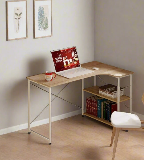 L-Shaped Computer Desk – Light Oak & White Home Office Workstation with Storage Shelves