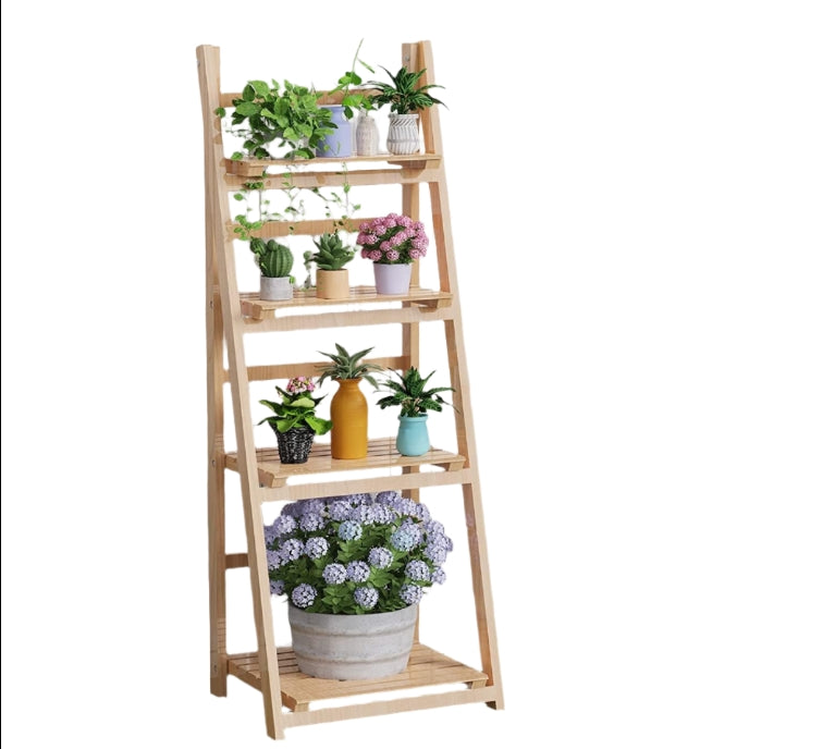 4-Tier Foldable Wooden Plant Stand – Ladder Shelf Display Rack - Natural Colour