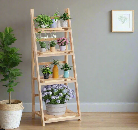 4-Tier Foldable Wooden Plant Stand – Ladder Shelf Display Rack - Natural Colour