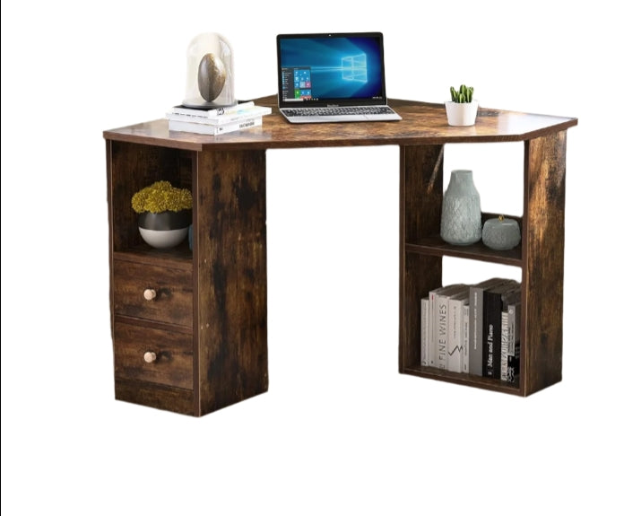 L-Shaped Corner Desk with Drawers & Shelves – 90cm Rustic Brown Computer Workstation