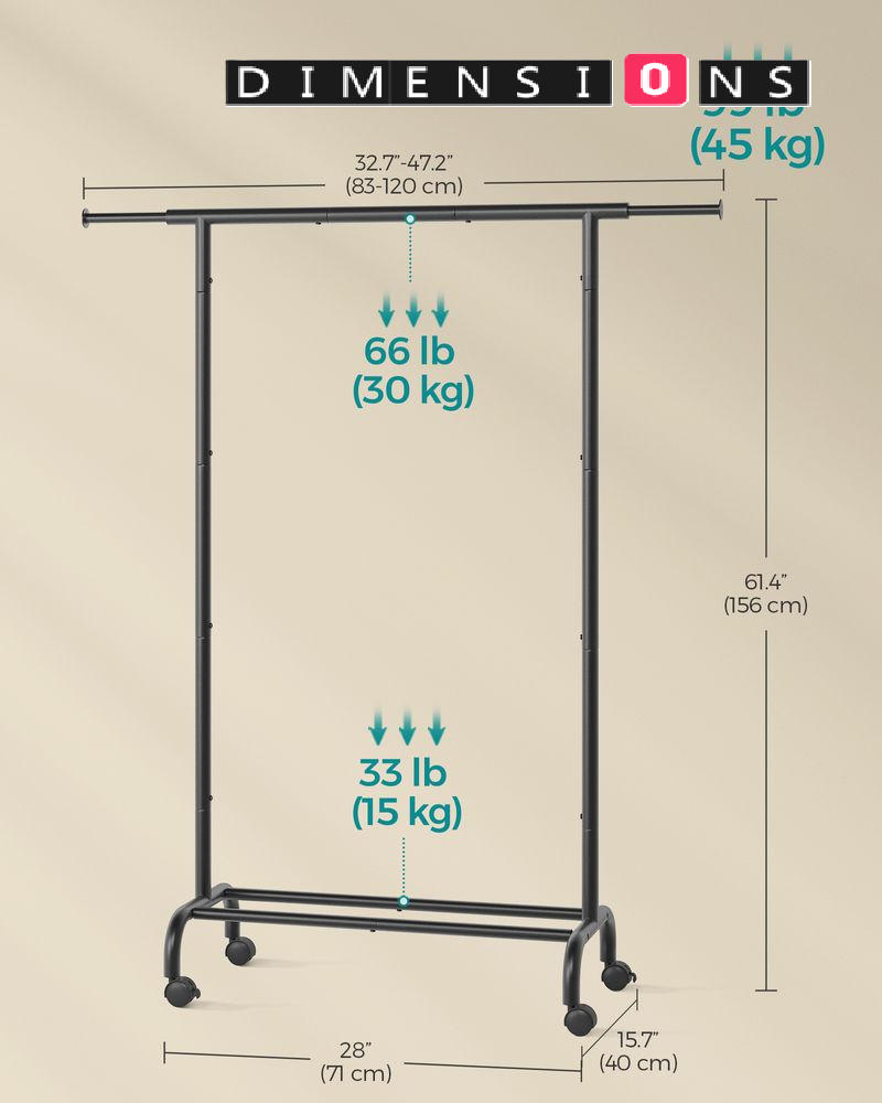 Adjustable Clothes Rail in Ink Black and Sturdy Construction