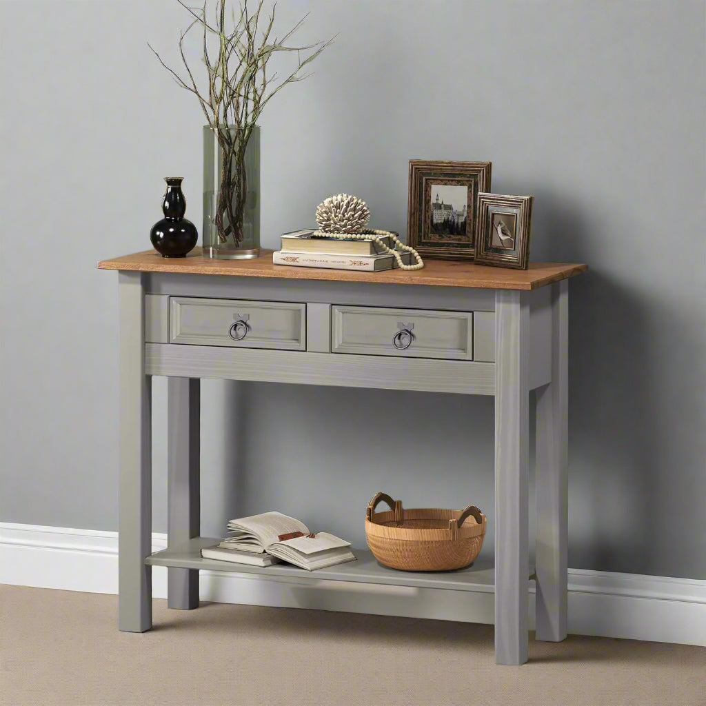 Grey Solid Pine Rustic Furniture with 2 Drawers - Mexican Style