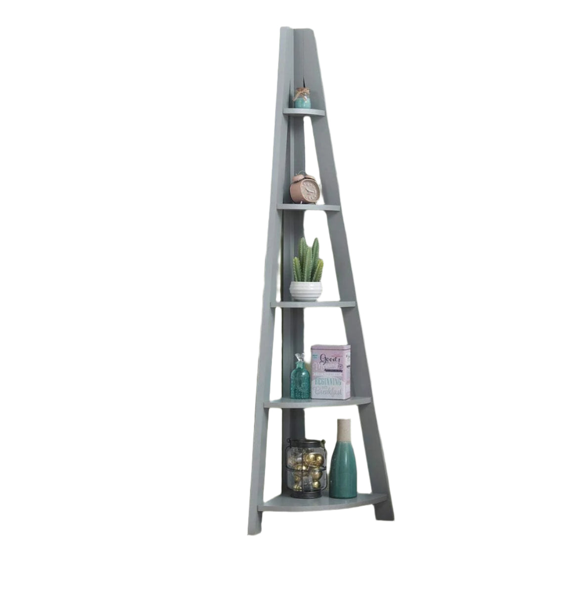 5 Tier Ladder Bookcase – Retro Wooden Corner Shelving Unit | Grey Scandinavian Style