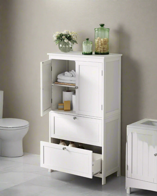 White Bathroom Storage Cabinet – Kitchen Cupboard with 2 Drawers, 2 Doors & Adjustable Shelf, 110cm Tall