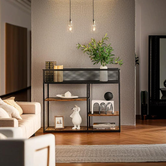 4-Tier Industrial Console Table with Wire Basket