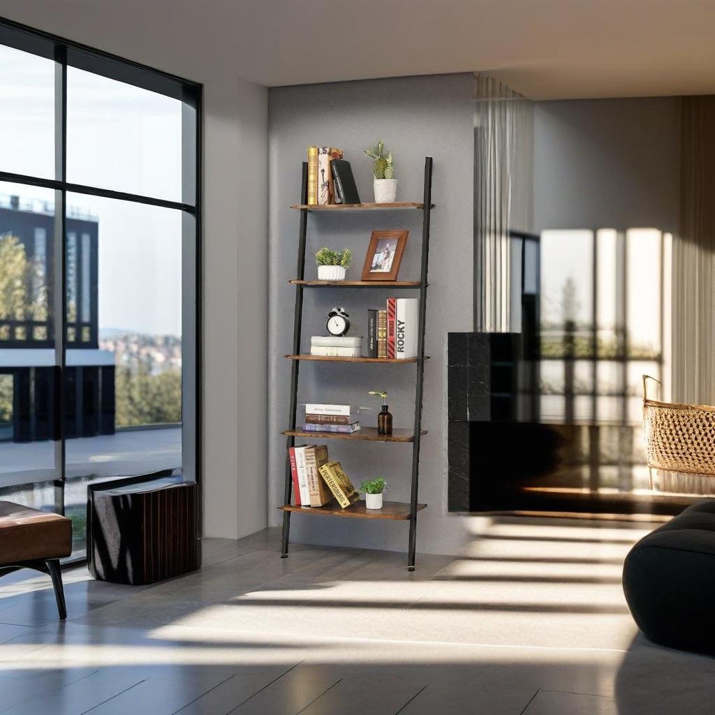 5-Tier Industrial Ladder Shelf – Rustic Metal & Wood Bookshelf