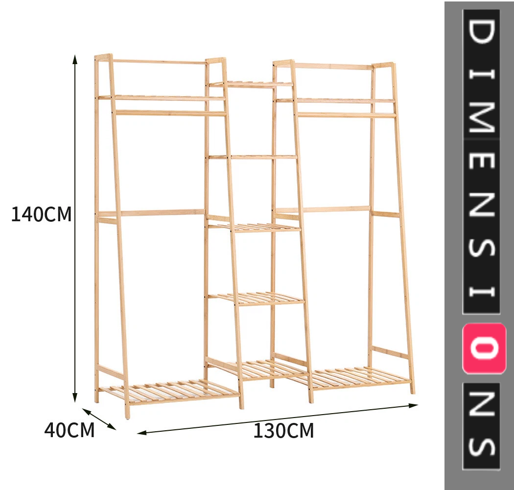 Heavy Duty Bamboo Clothes Rail Rack with Corner Storage Shelves – Natural