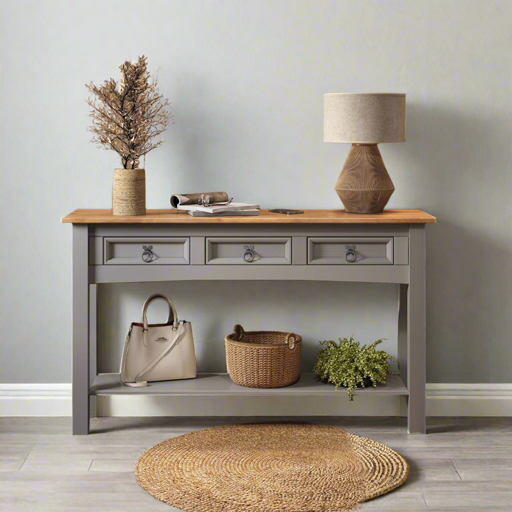 Corona grey wax 3-drawer pine sideboard with antique wax top and rustic black metal handles