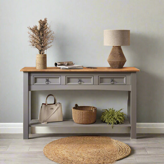 Corona grey wax 3-drawer pine sideboard with antique wax top and rustic black metal handles
