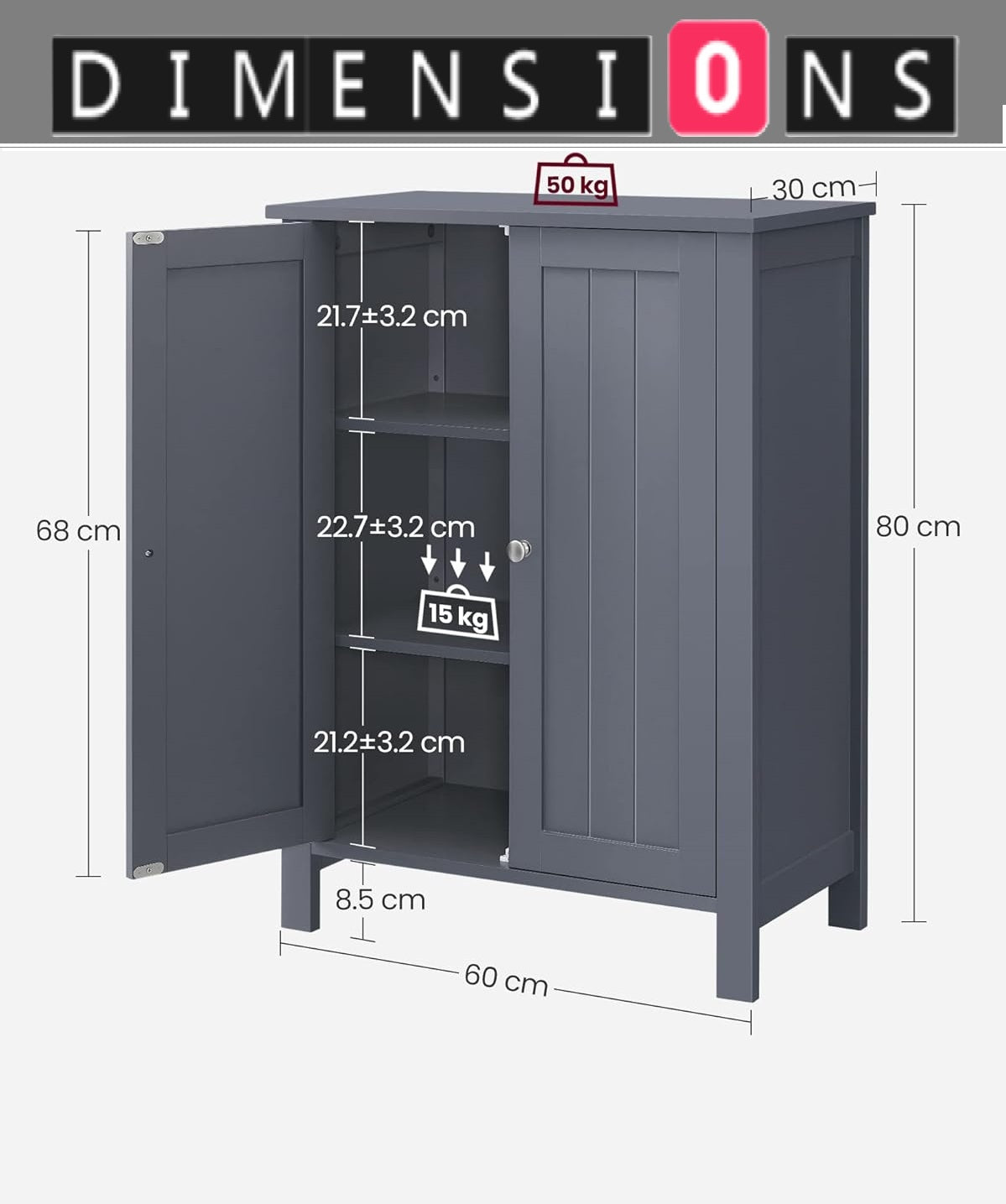 Grey Bathroom Storage Cabinet – Freestanding Cupboard with 2 Adjustable Shelves
