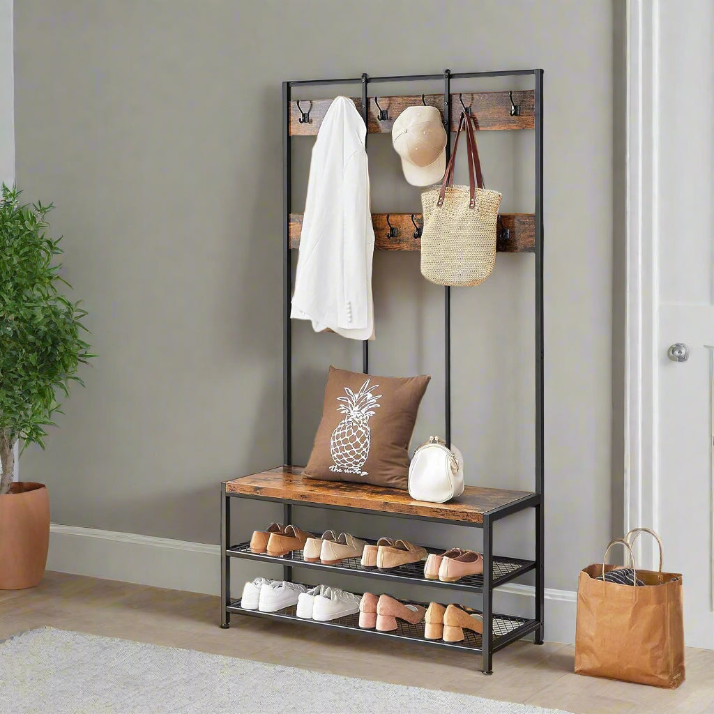 Industrial Entryway Coat Rack with 12 Hooks and Bench