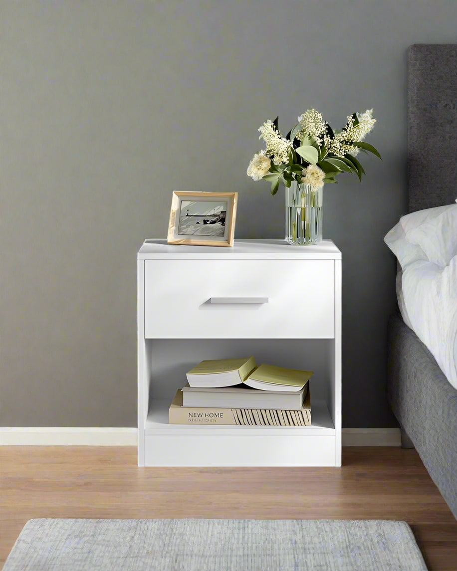 Set of Two White Bedside Table with Drawer – Modern Nightstand for Bedroom or Living Room