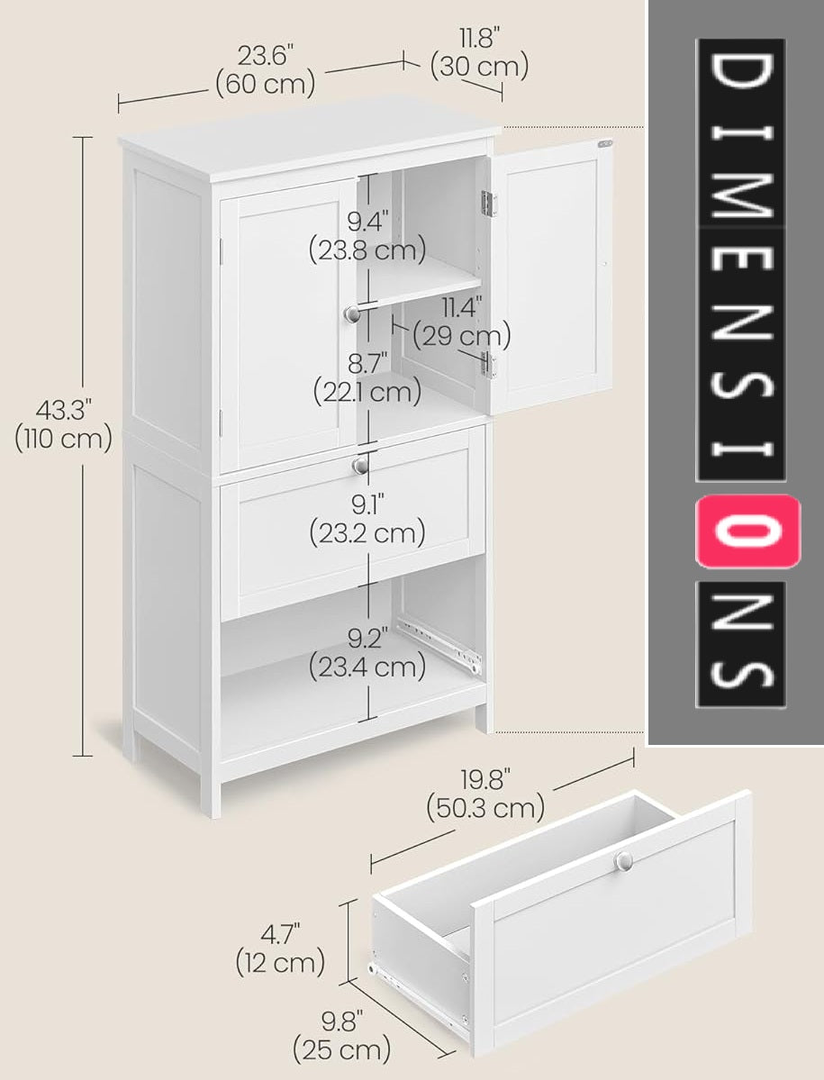 White Bathroom Storage Cabinet – Kitchen Cupboard with 2 Drawers, 2 Doors & Adjustable Shelf, 110cm Tall