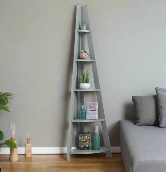 5 tier grey ladder bookcase with conical corner design, Scandinavian-style wooden shelving unit for modern living room or office