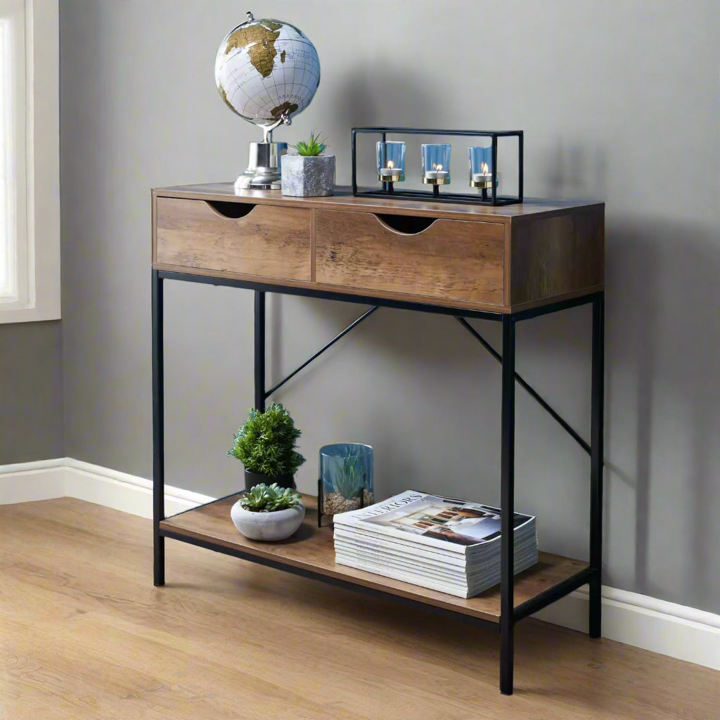 Console Table with 2 Drawers and Wooden Shelf