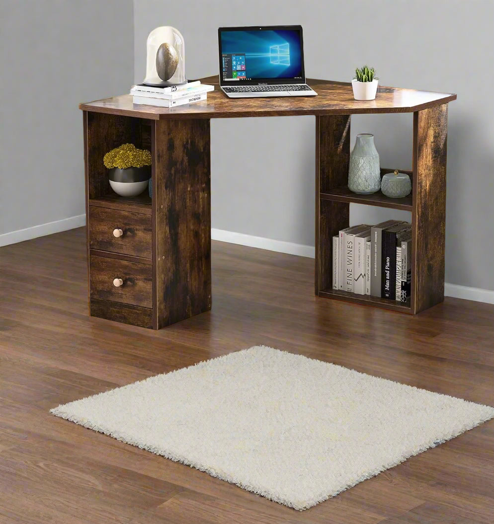 Rustic brown L-shaped computer desk with drawers and shelves for home office or gaming