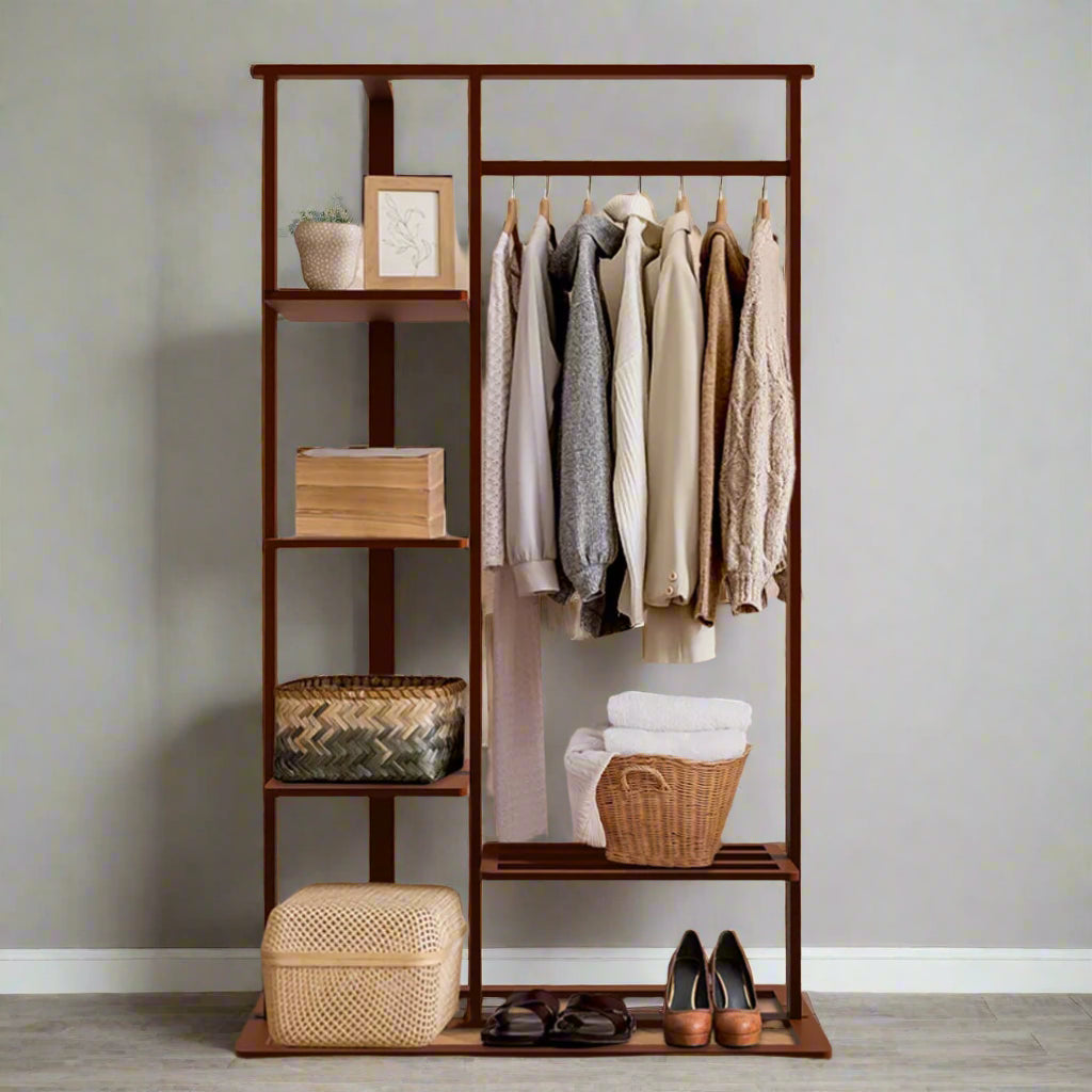 Solid bamboo clothes rack with shelves and hanging rail, nut-brown freestanding open wardrobe