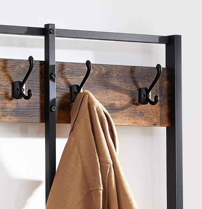 Industrial Entryway Coat Rack with 12 Hooks and Bench