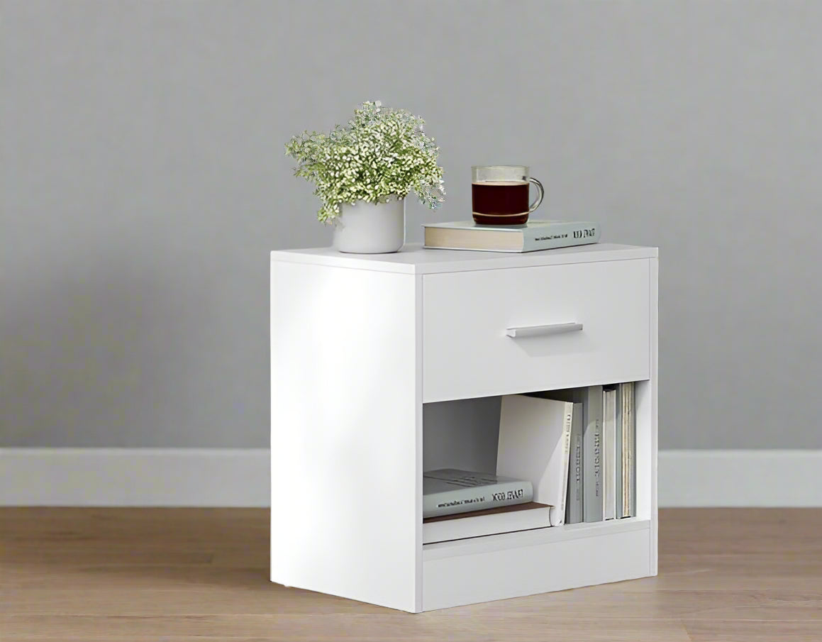 Set of Two White Bedside Table with Drawer – Modern Nightstand for Bedroom or Living Room