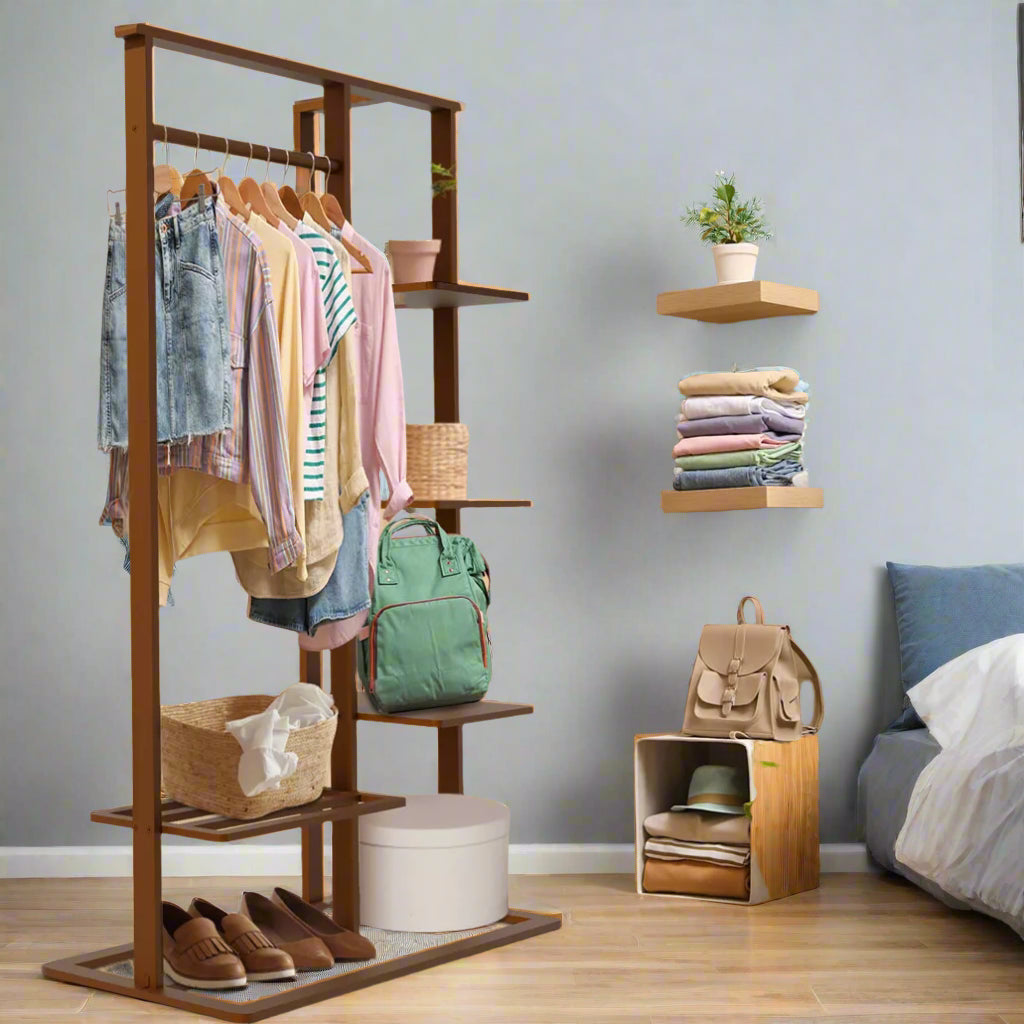 Solid Clothes Rack with Shelves – Open Wardrobe Stand with Hanging Rail