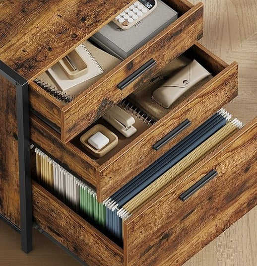 Rustic Brown 3-Drawer Filing Cabinet – Home Office File Cabinet with Height-Adjustable Shelves
