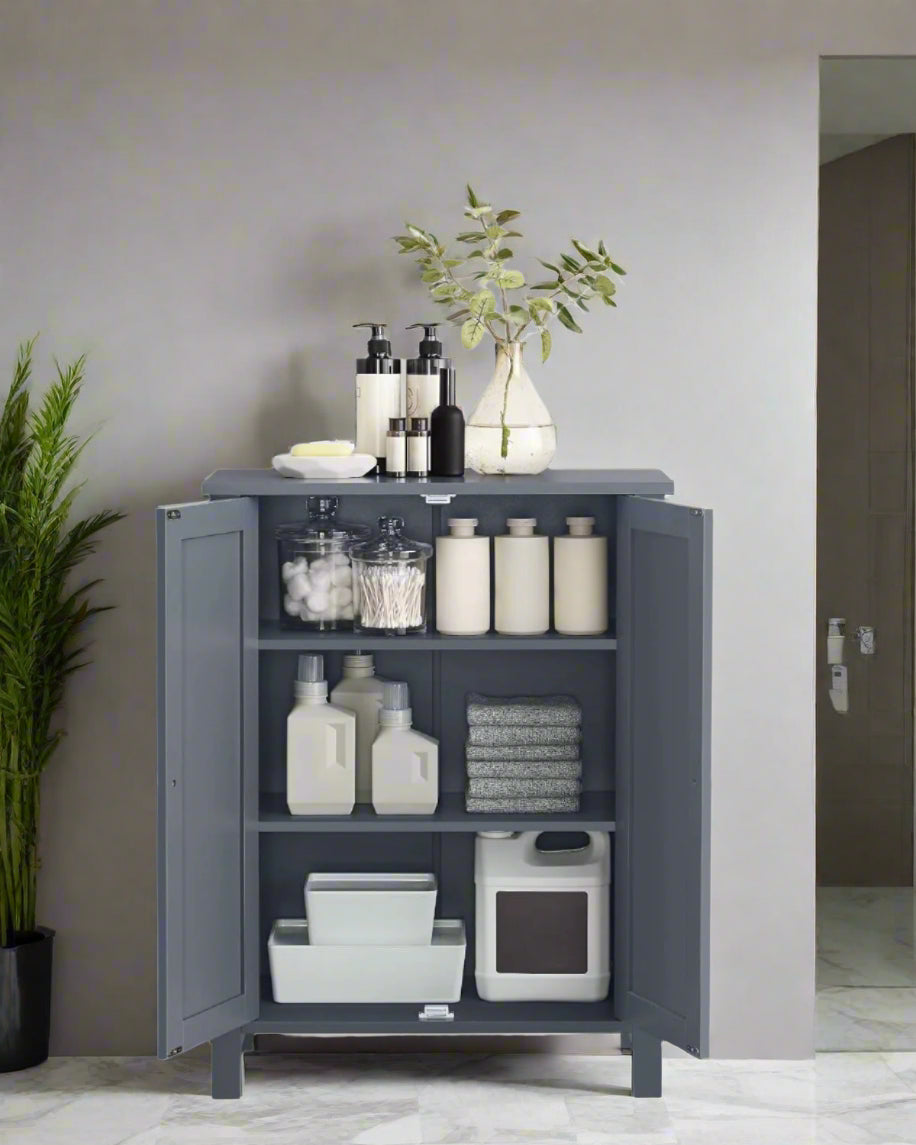 Grey Bathroom Storage Cabinet – Freestanding Cupboard with 2 Adjustable Shelves