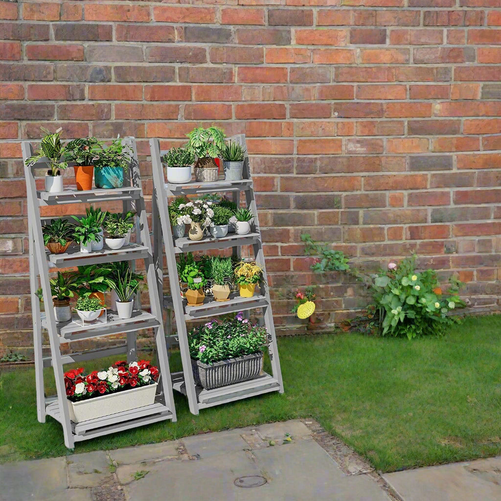 4-Tier Grey Foldable Wooden Plant Stand – Ladder Shelf Display Rack
