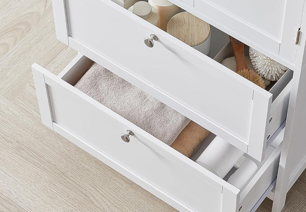 White Bathroom Storage Cabinet – Kitchen Cupboard with 2 Drawers, 2 Doors & Adjustable Shelf, 110cm Tall
