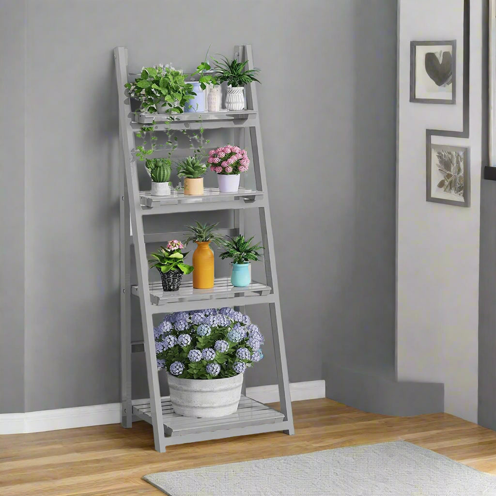 4-Tier Grey Foldable Wooden Plant Stand – Ladder Shelf Display Rack