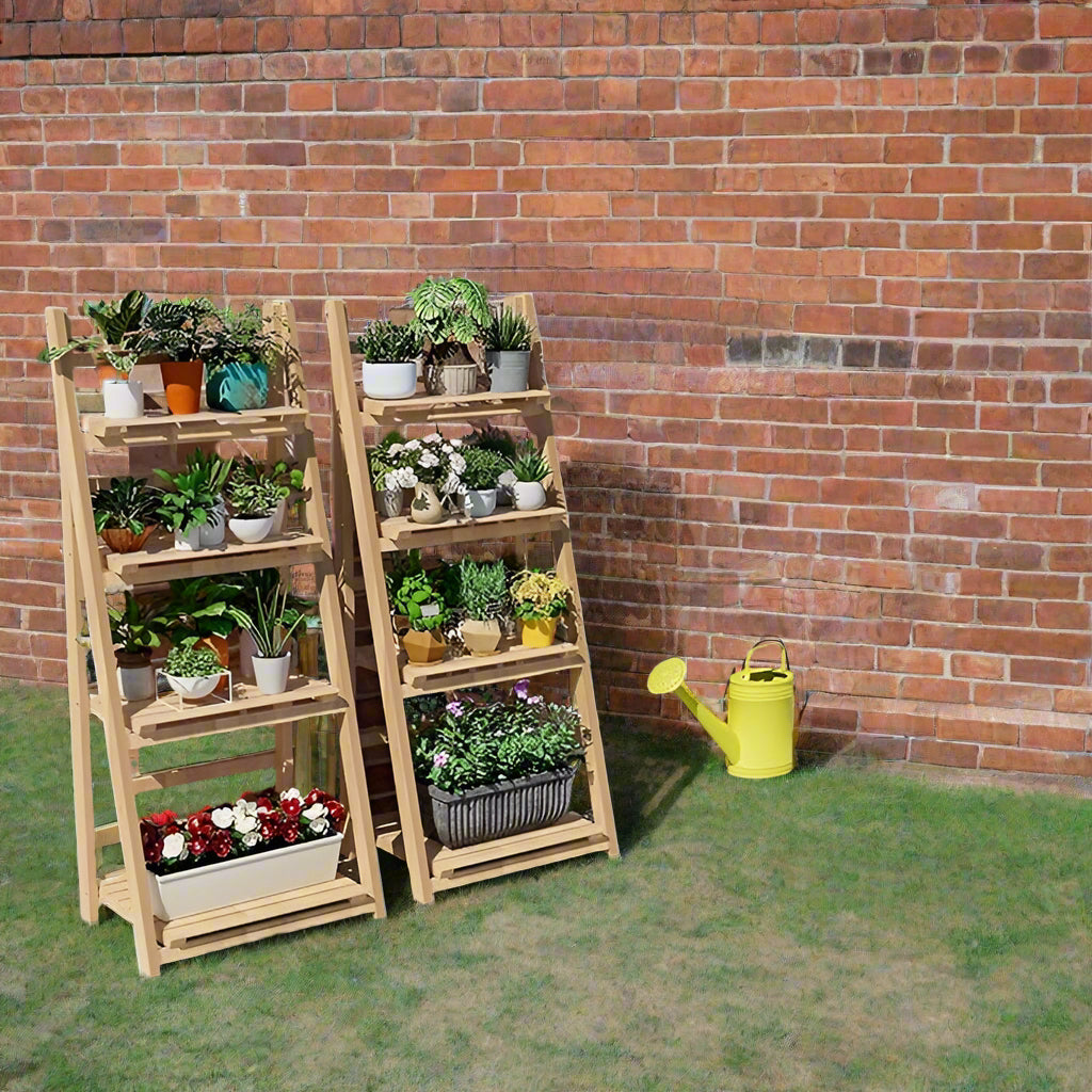 4-Tier Foldable Wooden Plant Stand – Ladder Shelf Display Rack - Natural Colour