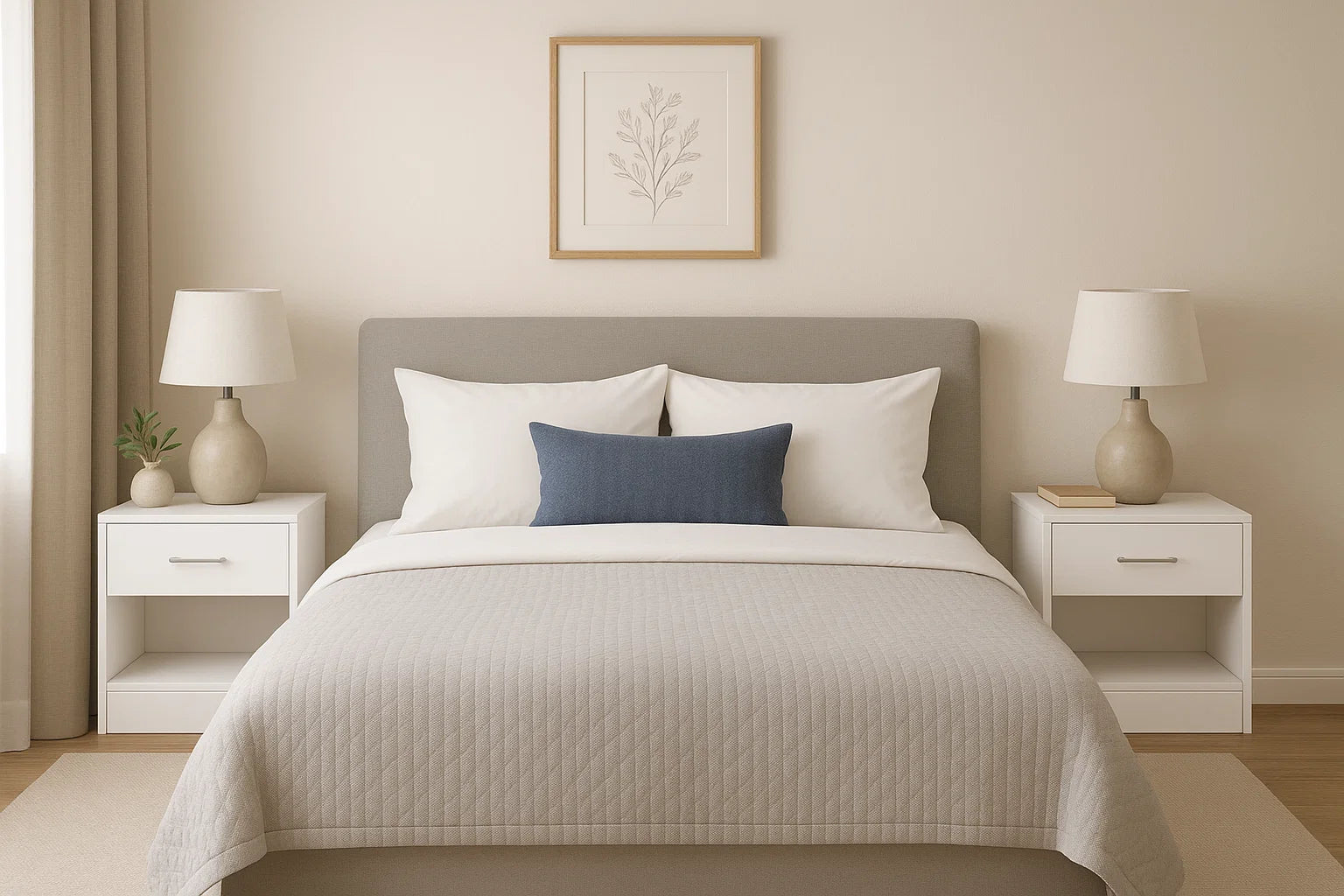 White bedside table with drawer and open shelf, modern nightstand for bedroom or living room