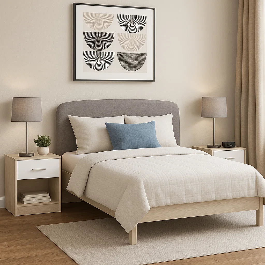 Set of 2 bedside tables with bamboo legs, drawers, and shelf in white and beige for bedroom or living room