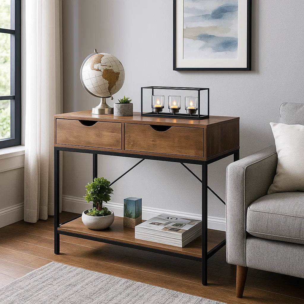 Console Table with 2 Drawers and Wooden Shelf
