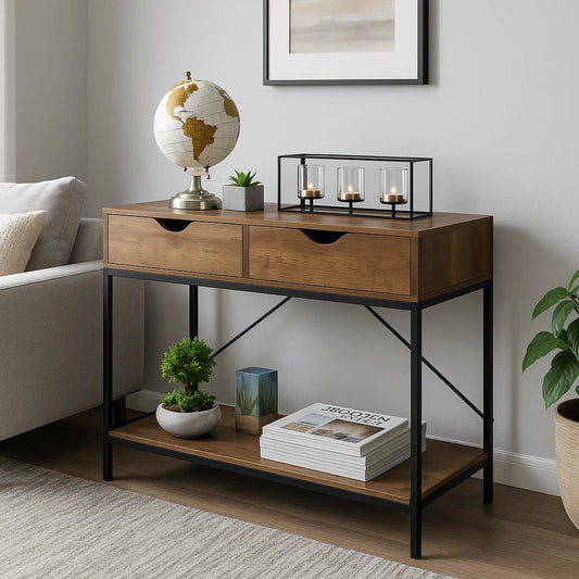 Walnut console table with 2 drawers and lower shelf for hallway, bedroom, or living room