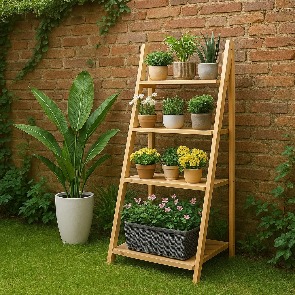 4-tier white wooden ladder plant stand with foldable design for indoor and outdoor use