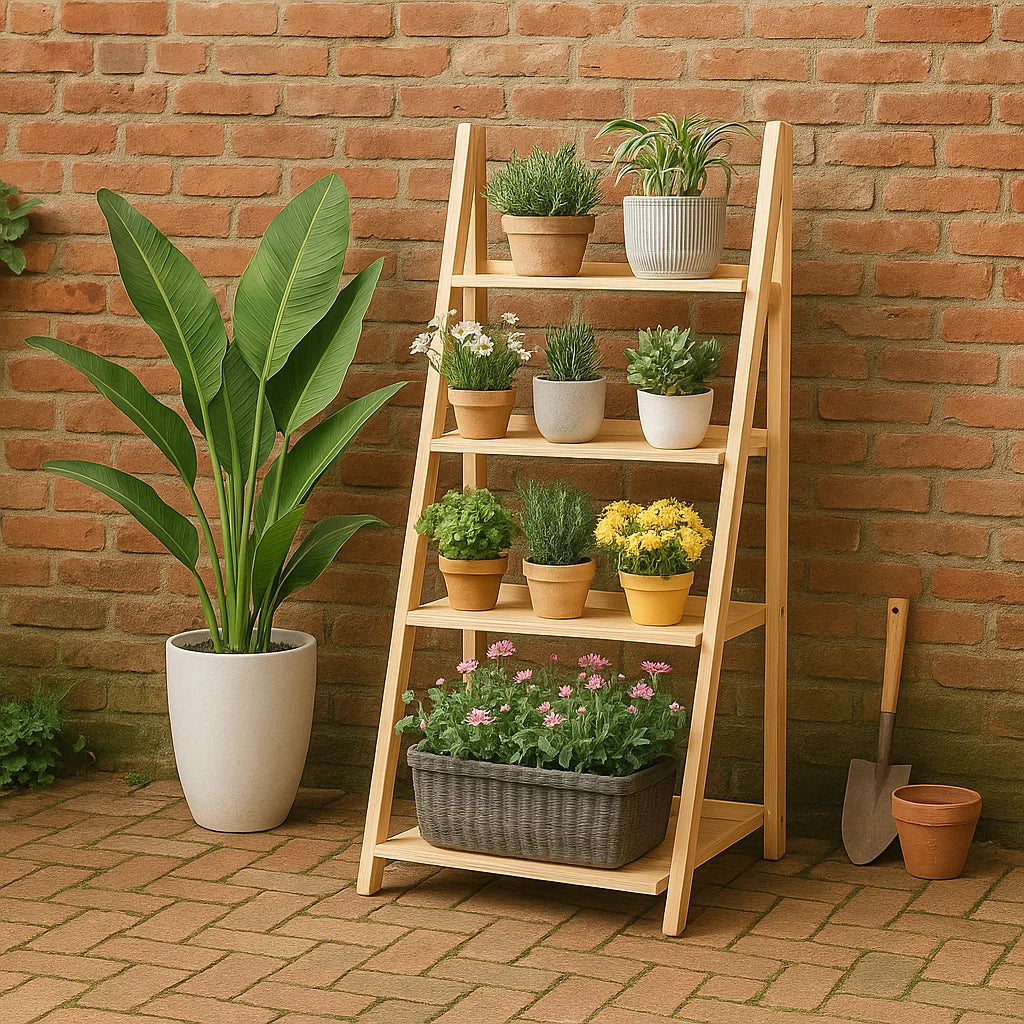 4-tier white wooden ladder plant stand with foldable design for indoor and outdoor use