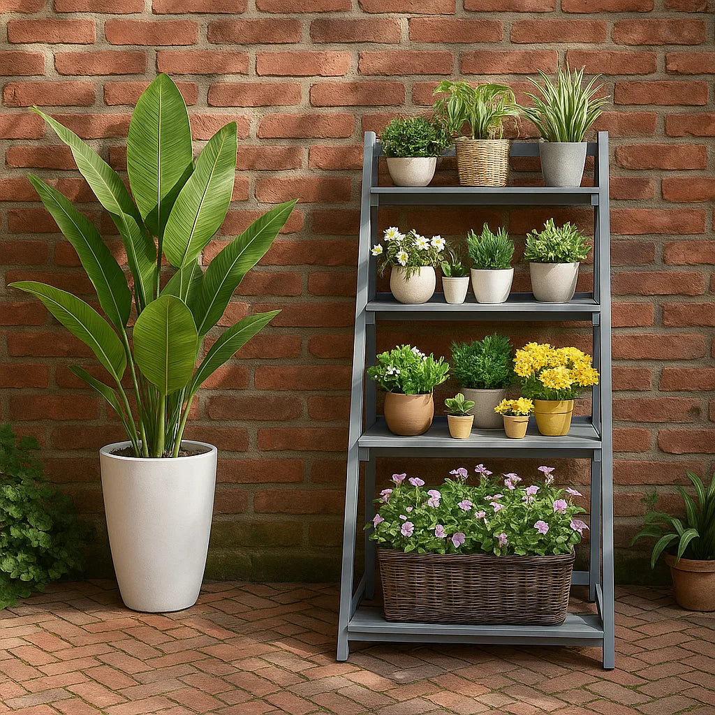 4-Tier Grey Foldable Wooden Plant Stand – Ladder Shelf Display Rack