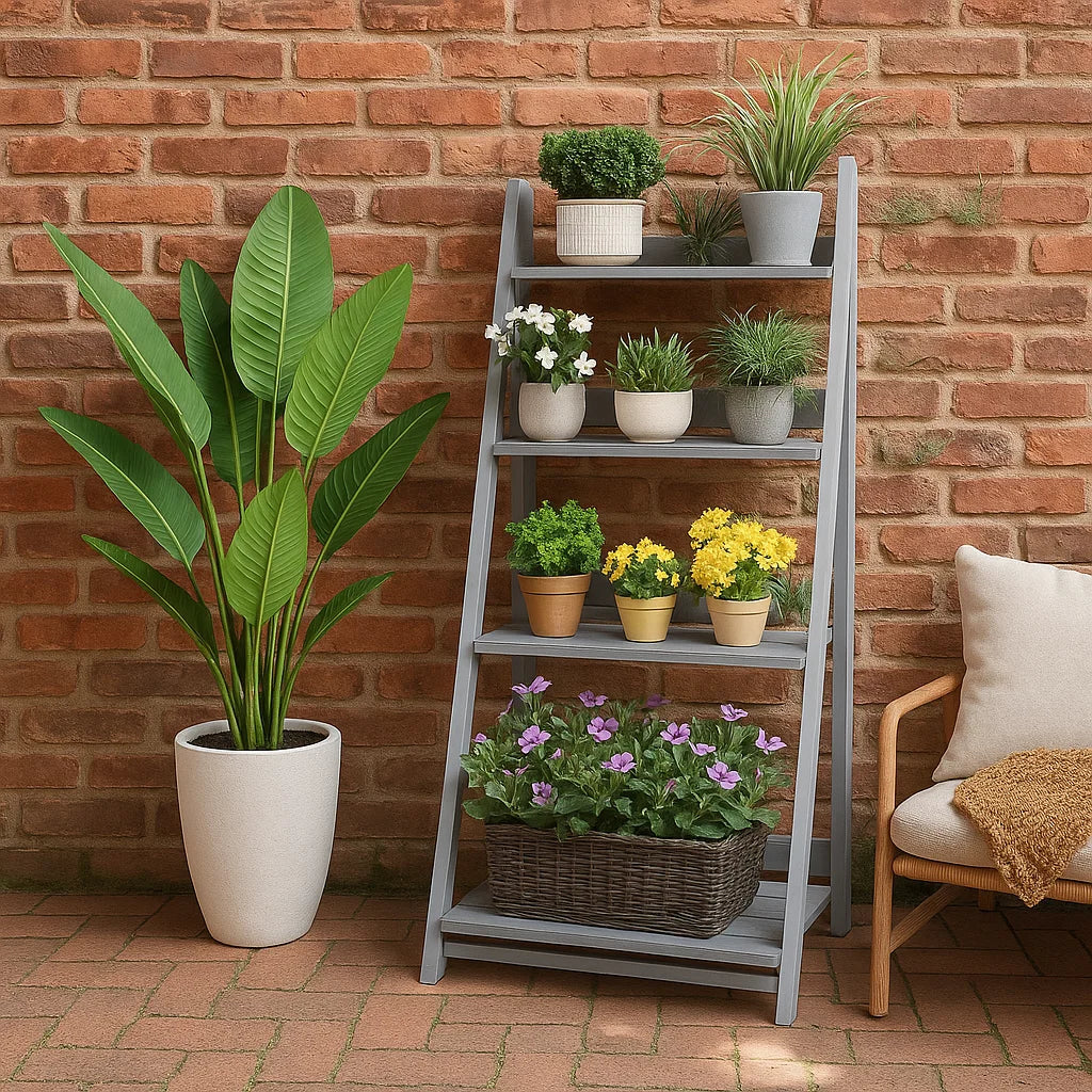 4-Tier Grey Foldable Wooden Plant Stand – Ladder Shelf Display Rack