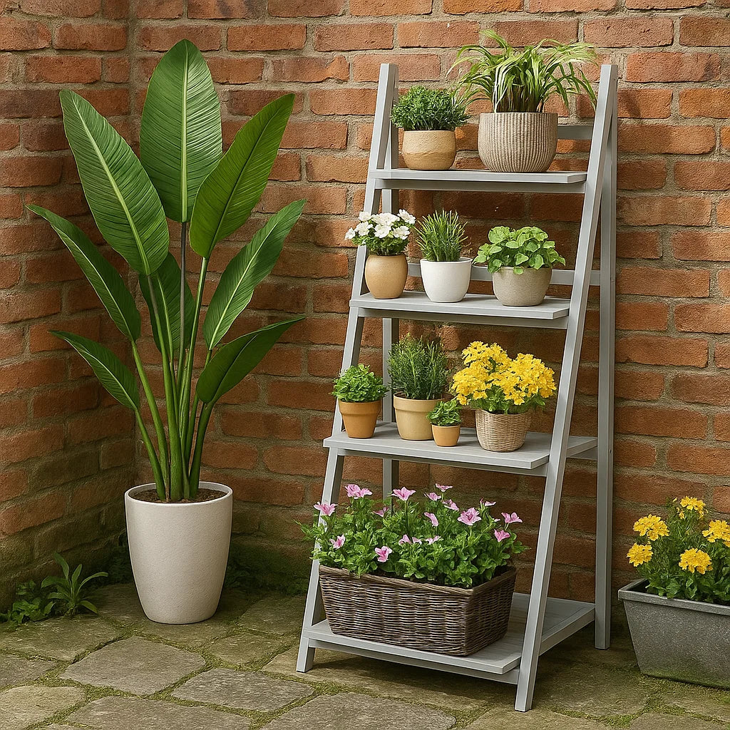 4-tier white wooden ladder plant stand with foldable design for indoor and outdoor use
