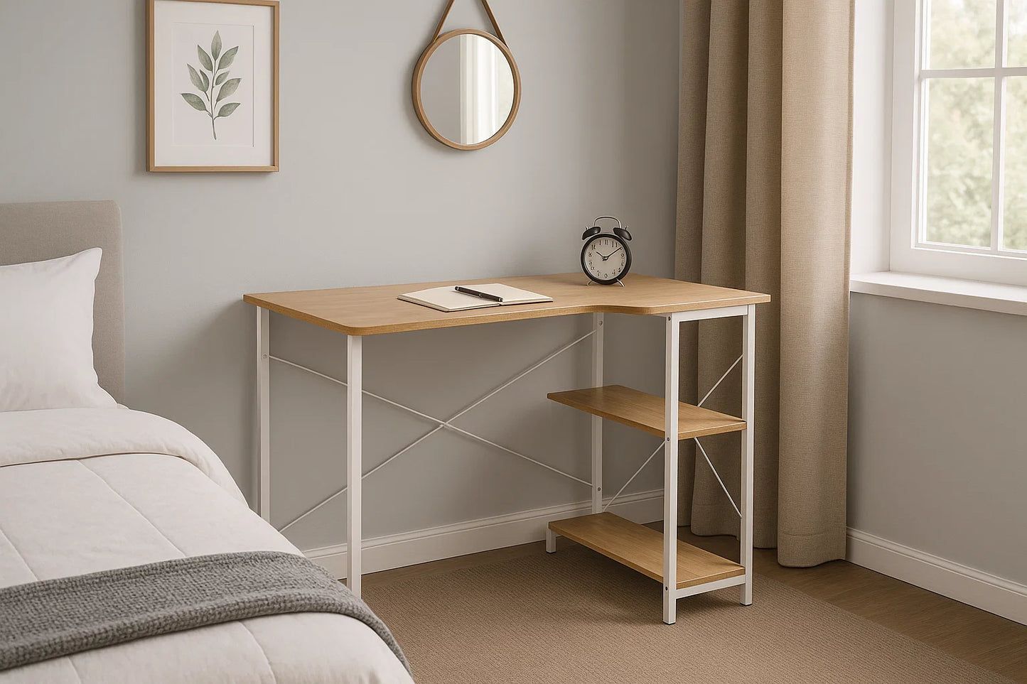 L-Shaped Computer Desk – Light Oak & White Home Office Workstation with Storage Shelves