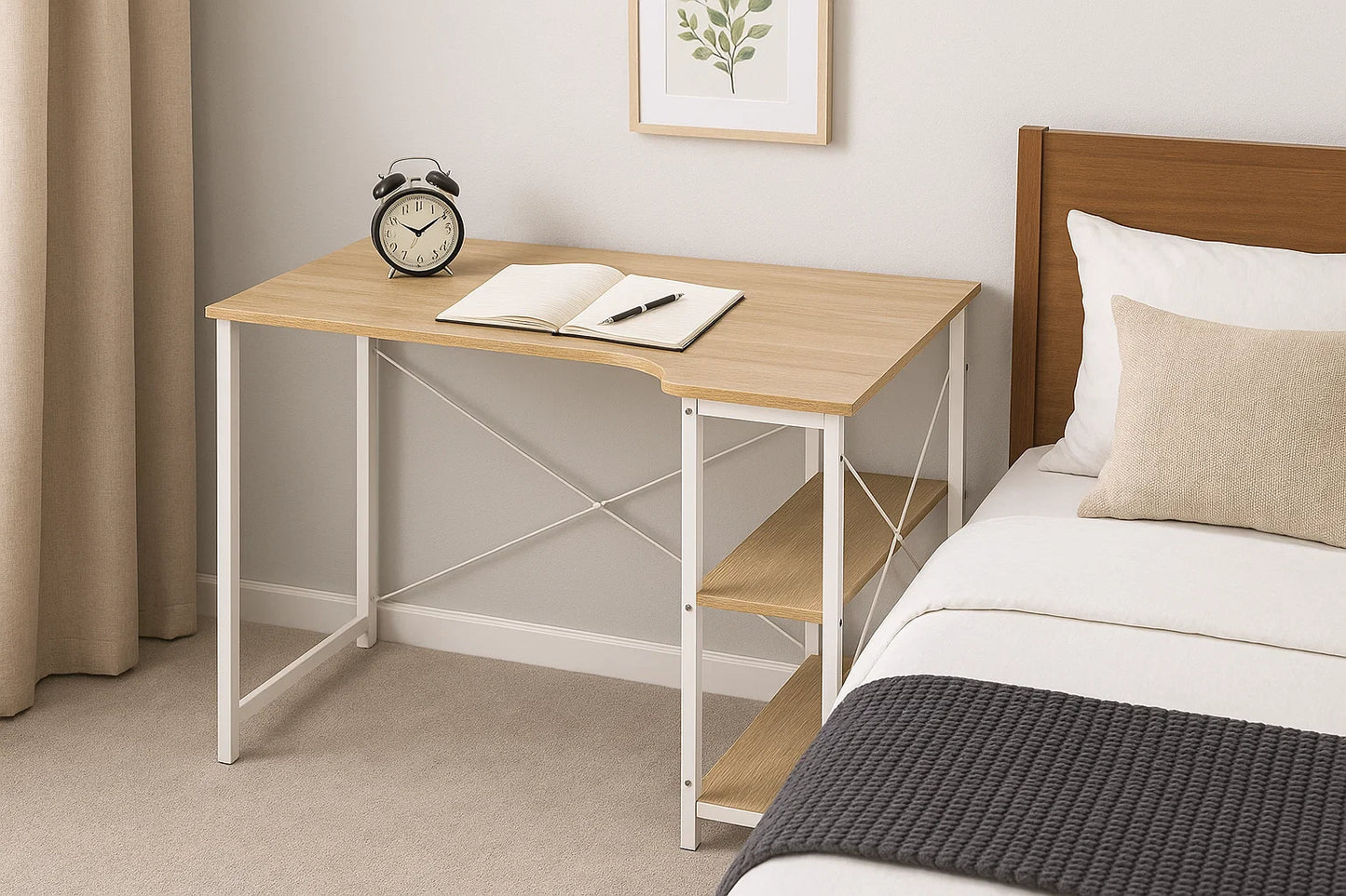 L-Shaped Computer Desk – Light Oak & White Home Office Workstation with Storage Shelves