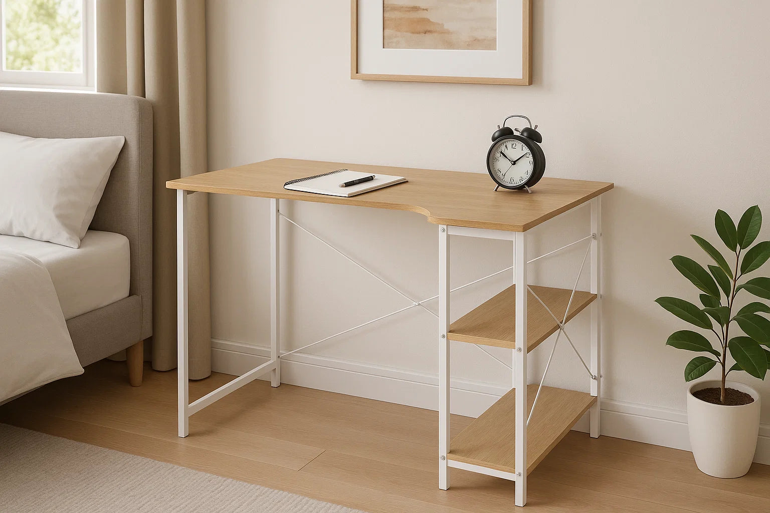 Modern L-shaped light oak and white computer desk with two shelves for home office or gaming setup